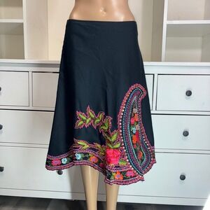 Veg Basil Maude Black Embroidered Paisley Floral A-Line Skirt Womens Size 10